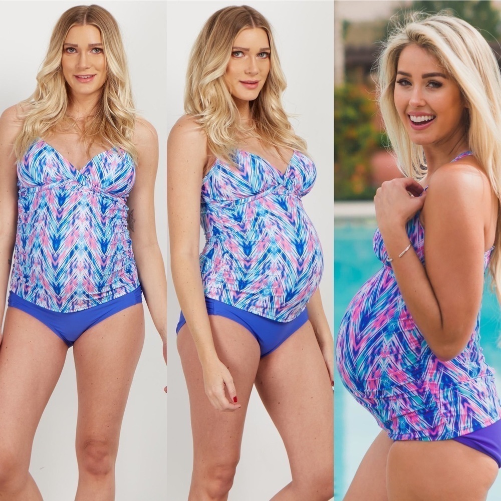 PinkBlush Blue Abstract Wrap Front Maternity Tankini Top